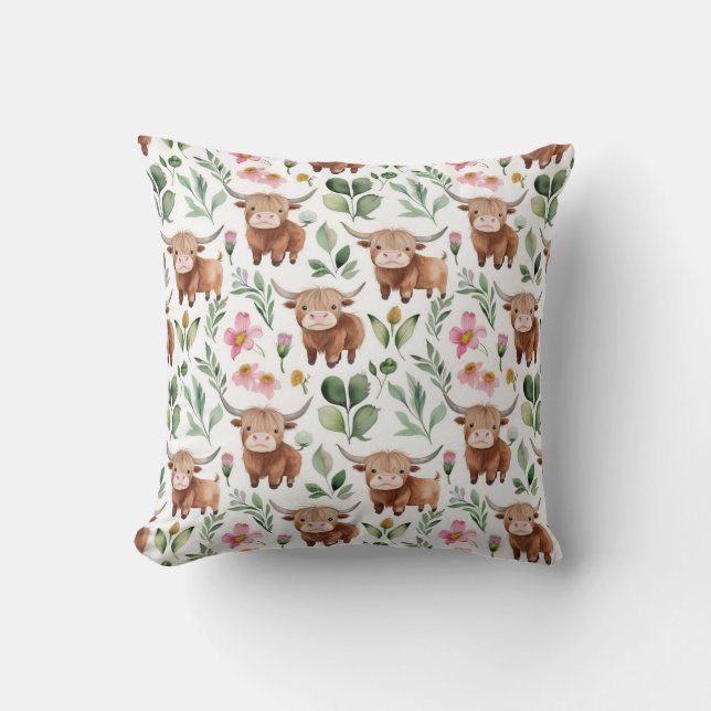 Cute Highland Cows & Pink Flowers Pattern Floral Throw Pillow (Front)