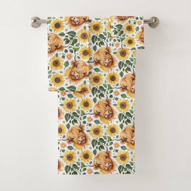 Cute Highland Cows & Yellow Sunflower Flowers Bath Towel Set (Insitu)
