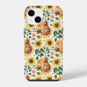 Cute Highland Cows & Yellow Sunflower Flowers iPhone 14 Case