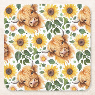 Cute Highland Cows & Yellow Sunflower Flowers Square Paper Coaster