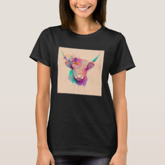 Cute Highland Hairy Cow Paint Splatter Floral Colo T-Shirt