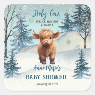 Cute Highland Holy Cow Winter Baby Shower Square Sticker