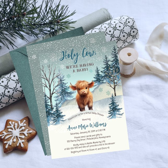 Cute Highland Holy Cow Winter Virtual Baby Shower Invitation (Cute Highland Calf "Holy Cow, We're Having a Baby!" Winter Baby Shower Invitation)