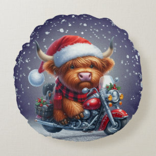 Cute Highland motor Christmas Cow  Round Pillow