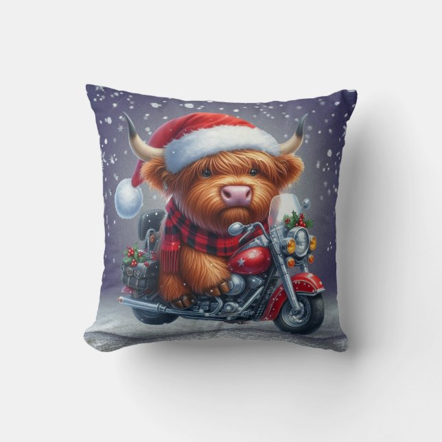 Cute Highland motor Christmas Cow  Throw Pillow (Front)