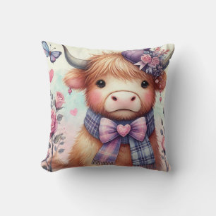 Cute Highlands cow vintage watercolor floral  Throw Pillow