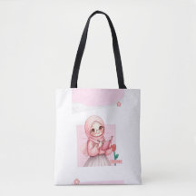 Cute Hijabi Girl Tote Bag | Pink Aesthetic Canvas 