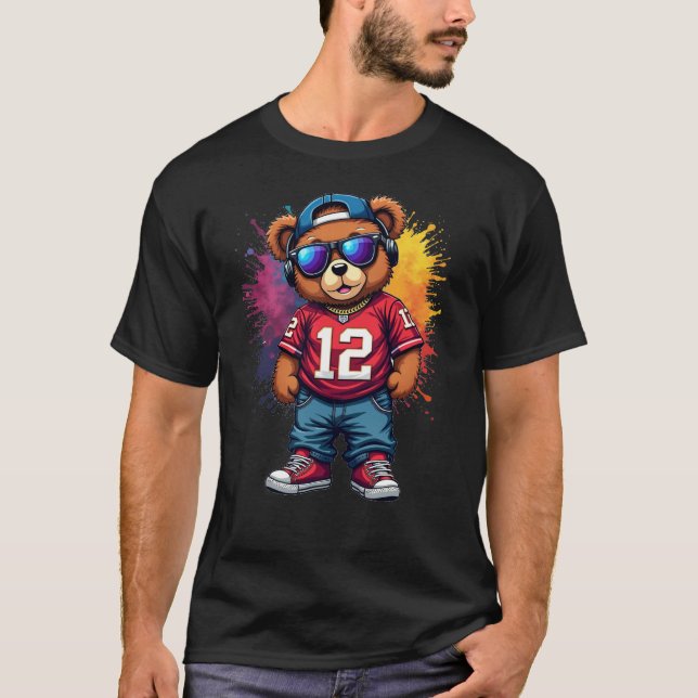 Cute Hip Hop Teddy Bear Football T-Shirt (Front)
