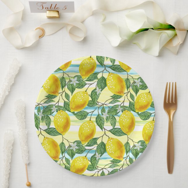 Cute Hip Tropical Summer Lemon Fruit Art Pattern Paper Plate (Wedding)