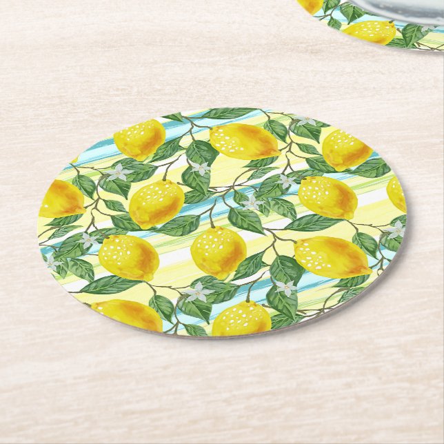Cute Hip Tropical Summer Lemon Fruit Art Pattern Round Paper Coaster (Angled)