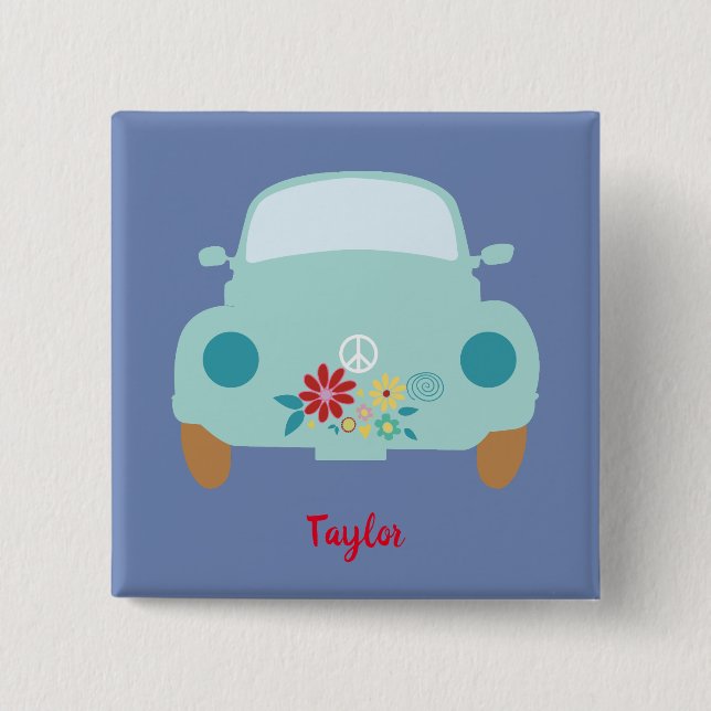 Cute hippie car 2 inch square button (Front)