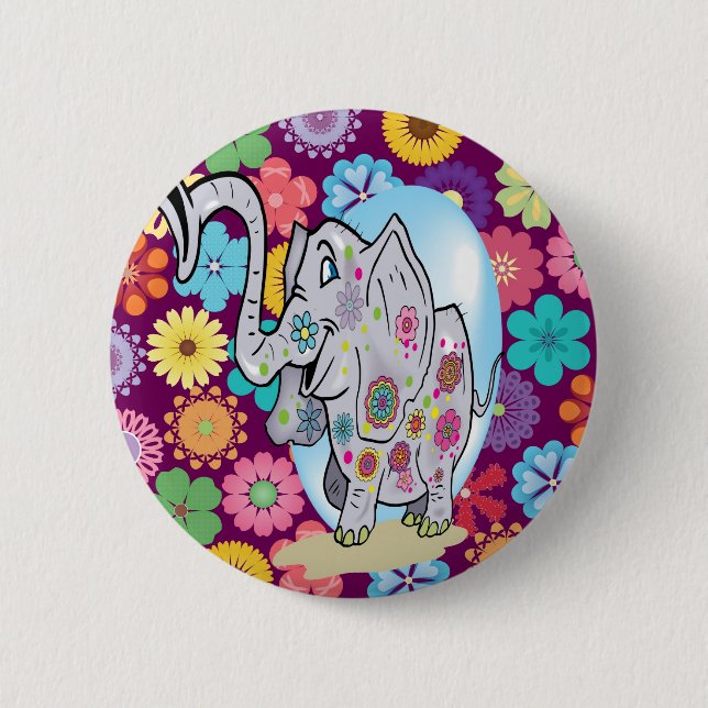 Cute Hippie Elephant with Colourful Flowers 2 Inch Round Button (Front)