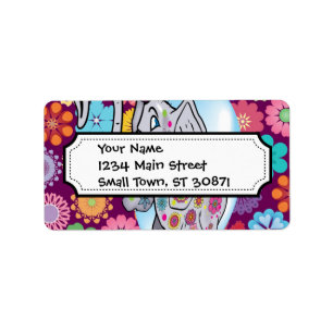 Cute Hippie Elephant with Colourful Flowers Label