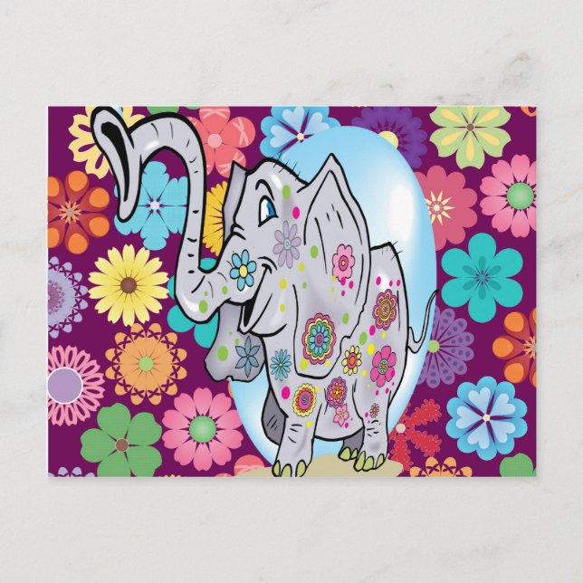 Cute Hippie Elephant with Colourful Flowers Postcard (Front)