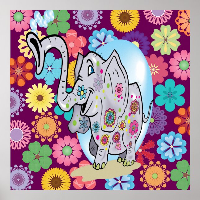 Cute Hippie Elephant with Colourful Flowers Poster (Front)