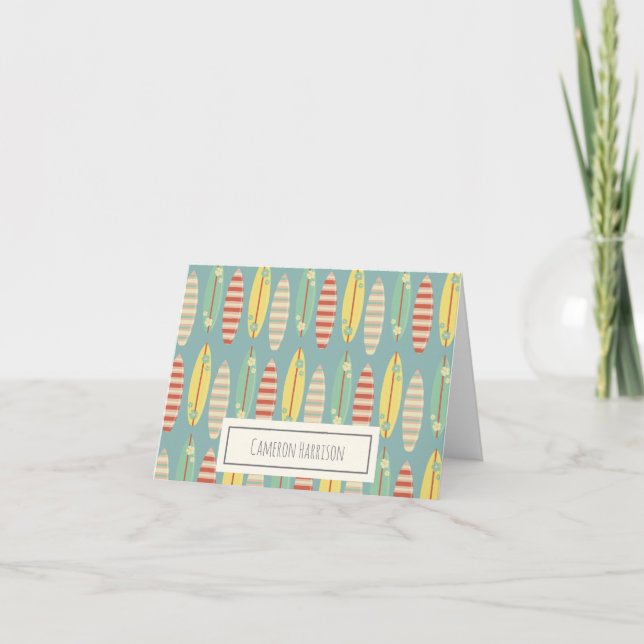 Cute Hippie Hawaii Surfing Surfboard Pattern Blue Note Card (Front)