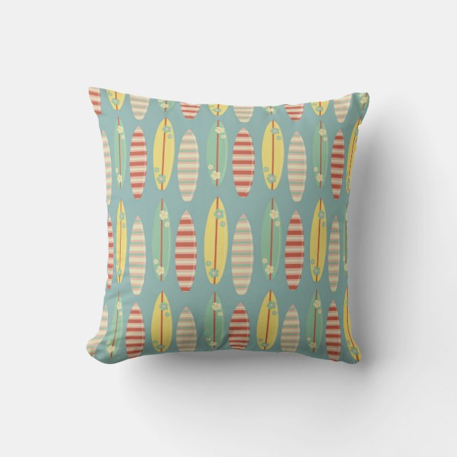 Cute Hippie Hawaii Surfing Surfboard Pattern Blue Throw Pillow (Front)