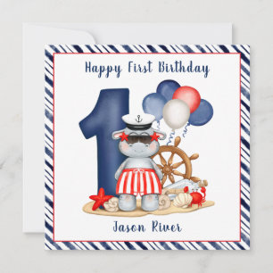 Cute Hippo 1st Birthday Boy Card