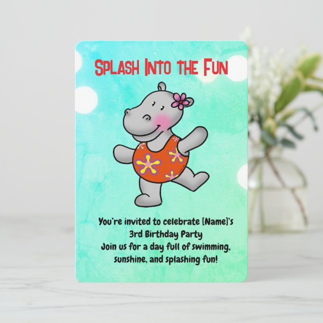 Cute Hippo 3rd Birthday Pool Party Invitation (Standing Front)