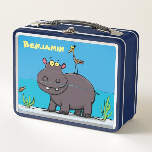 Cute hippo and bird in river cartoon illustration metal lunch box (Front)