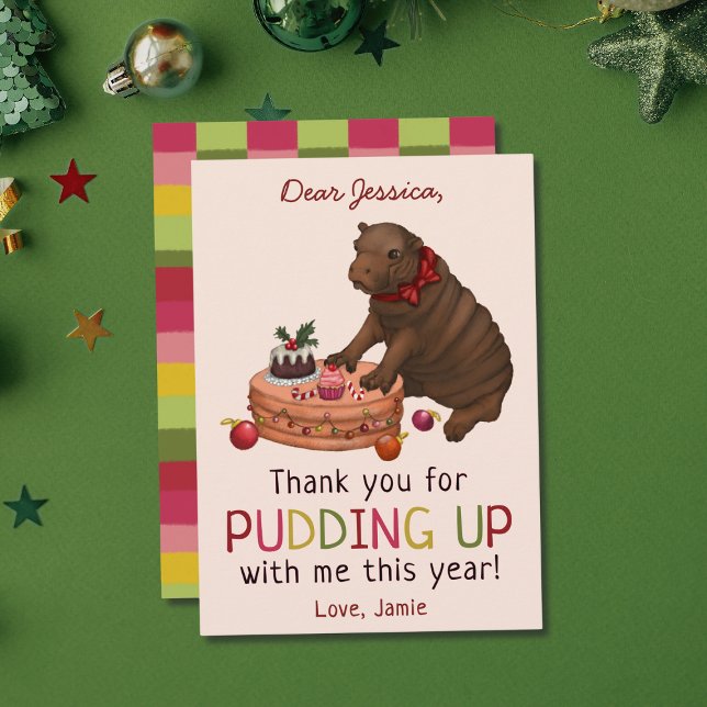 Cute Hippo and Pudding Funny Christmas Thank You Holiday Card (Creator Uploaded)