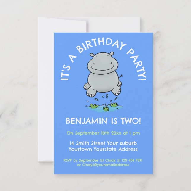 Cute hippo baby jumping cartoon birthday invitation (Front)