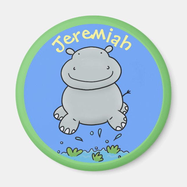Cute hippo baby jumping cartoon illustration magnet (Front)