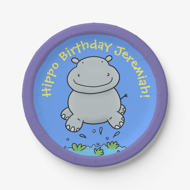 Cute hippo baby personalized birthday cartoon paper plate (Front)