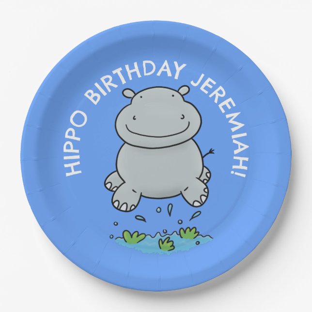 Cute hippo baby personalized cartoon birthday paper plate (Front)