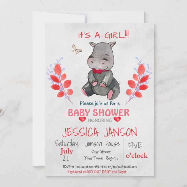 CUTE HIPPO BABY SHOWER FILLE INVITATION (Devant)