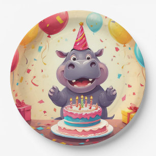 🎂 Cute Hippo Birthday Celebration For Kids Party Paper Plate