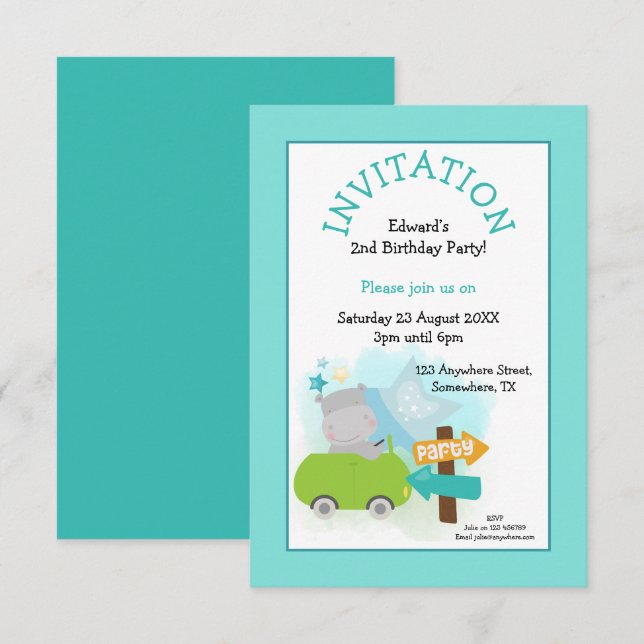 Cute Hippo Car Toddler Birthday Party Teal Invitation (Front/Back)