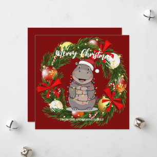 Cute Hippo christmas tree zoo animal Xmas Wealth f Holiday Card