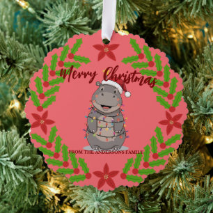 Cute Hippo christmas tree zoo animal Xmas Wealth f Ornament Card