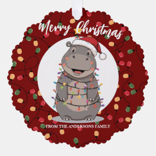 Cute Hippo christmas tree zoo animal Xmas Wealth f Ornament Card