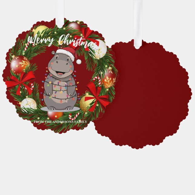 Cute Hippo christmas tree zoo animal Xmas Wealth f Ornament Card (Front/Back)