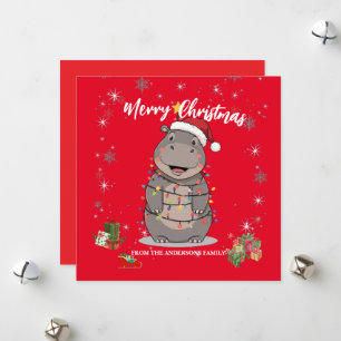 Cute Hippo Christmas tree zoo safari Xmas plaid pa Holiday Card