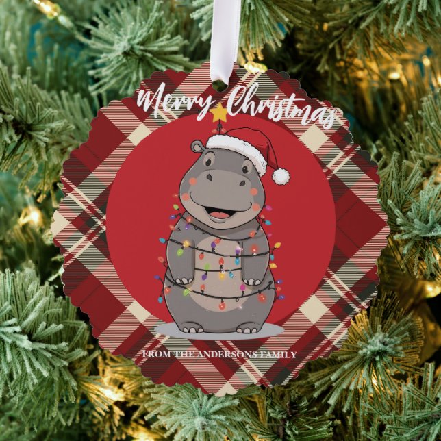 Cute Hippo Christmas tree zoo safari Xmas plaid pa Ornament Card (Insitu (Tree))