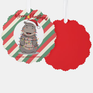 Cute Hippo Christmas tree zoo safari Xmas plaid pa Ornament Card