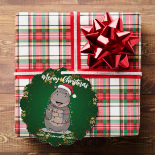Cute Hippo Christmas tree zoo safari Xmas plaid pa Ornament Card