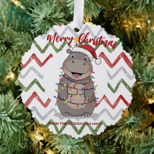 Cute Hippo Christmas tree zoo safari Xmas plaid pa Ornament Card