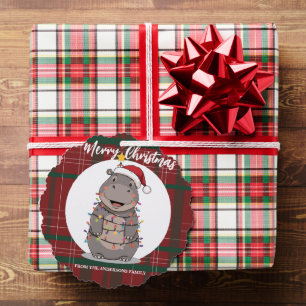 Cute Hippo Christmas tree zoo safari Xmas plaid pa Ornament Card