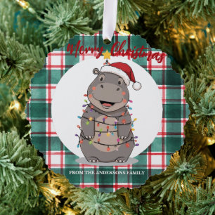Cute Hippo Christmas tree zoo safari Xmas plaid pa Ornament Card