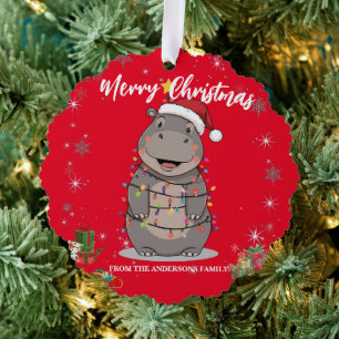 Cute Hippo Christmas tree zoo safari Xmas plaid pa Ornament Card