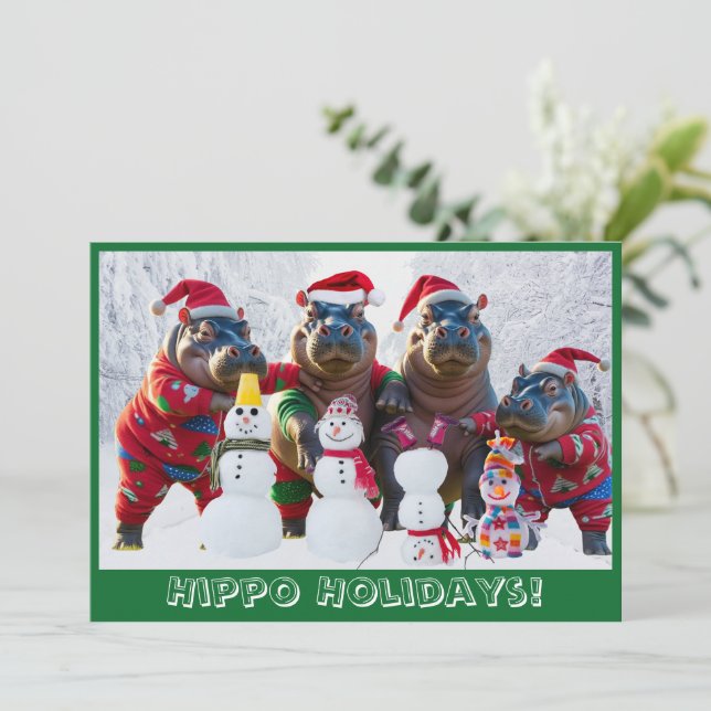 Cute Hippo Family in Pyjamas Personalized Holiday Card (Standing Front)