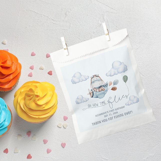 Cute Hippo Flies Airplane & Clouds, First Birthday Favour Bag (Creator Uploaded)