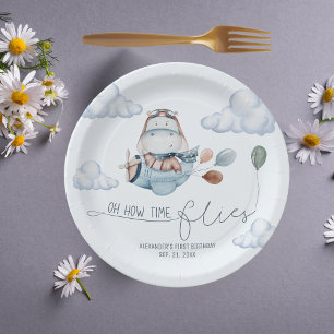 Cute Hippo Flies Airplane & Clouds, First Birthday Paper Plate