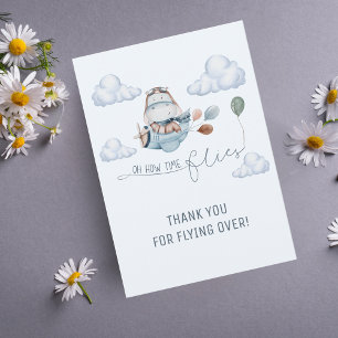 Cute Hippo Flies Airplane & Clouds, First Birthday Thank You Card