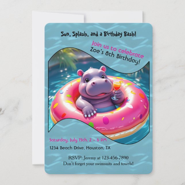 Cute Hippo Floating in Doughnut Pool Float, custom Invitation (Front)