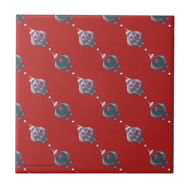 Cute Hippo Heads and Tails Pattern on Red Tile (Front)